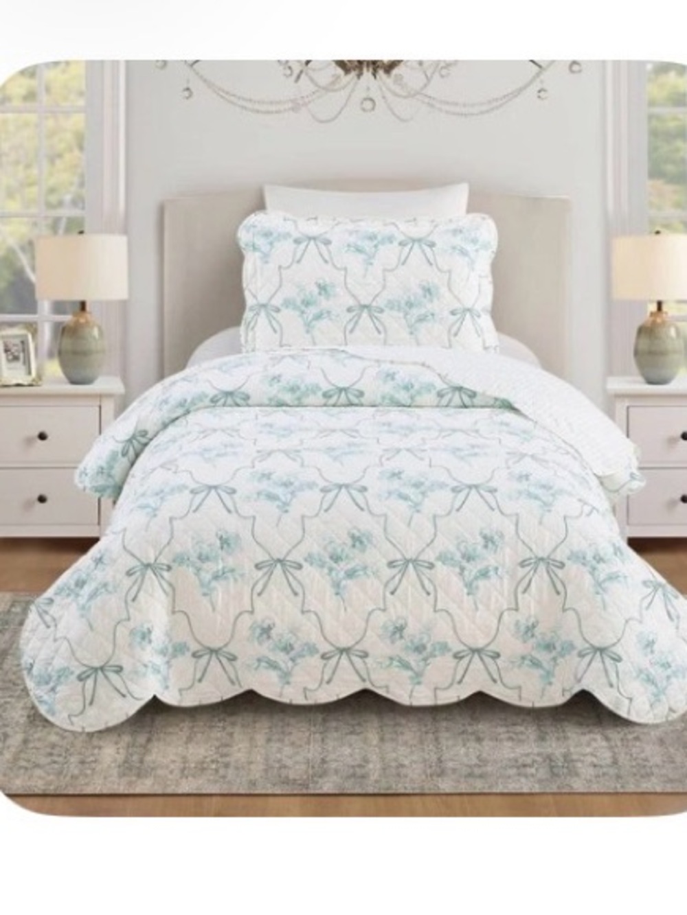 FLORAL BOWS Quilt TWIN /TWIN XL Bedding Set BLUE